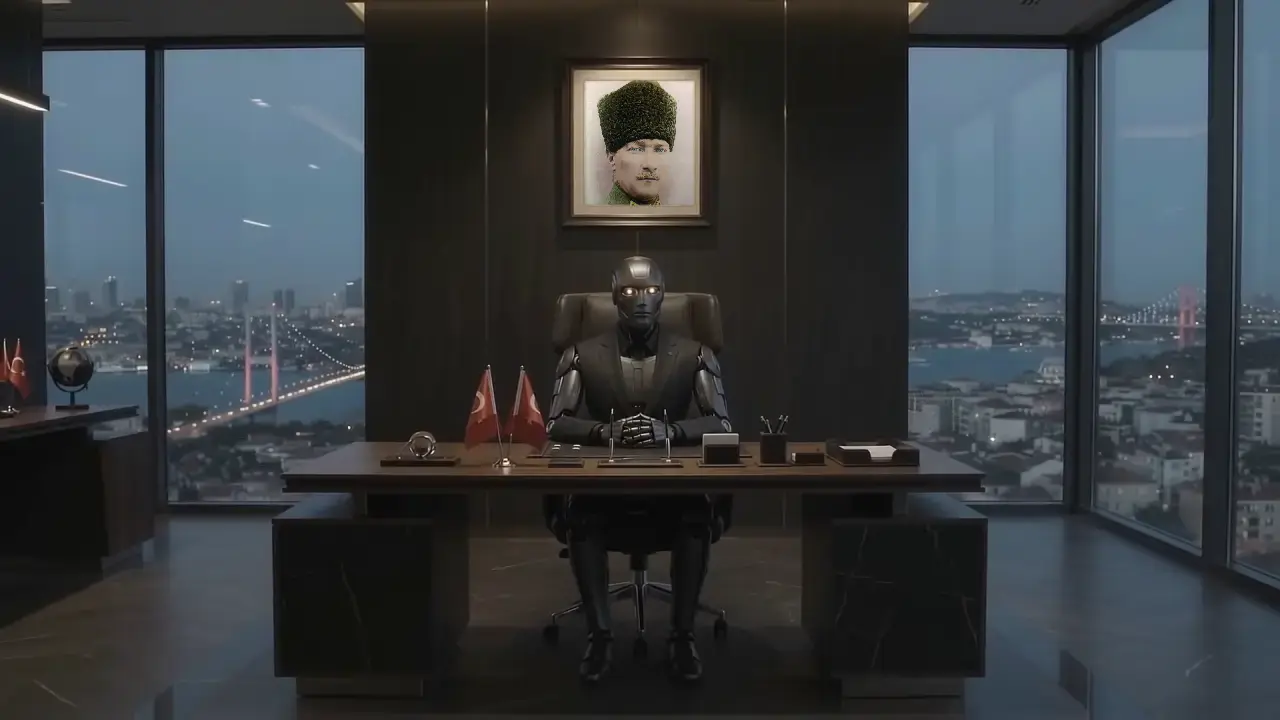 A robot CEO in the executive chair
